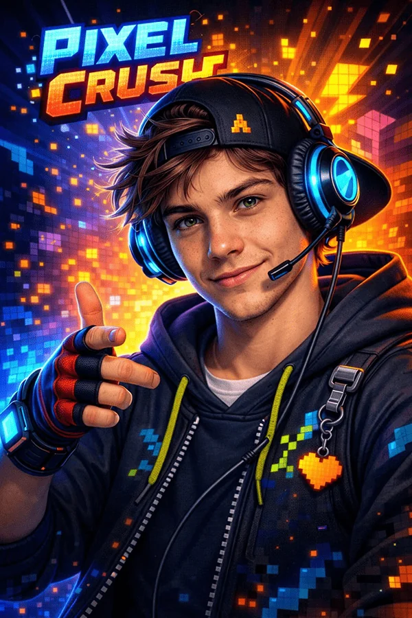 Pixel Crush artist portrait with headphones and a pixel art background